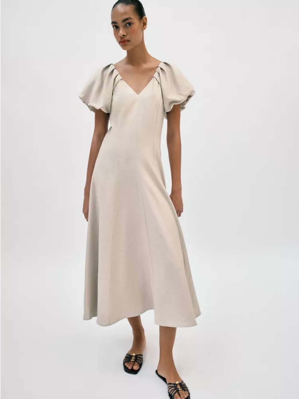 Zara V-Neck Puff-Sleeve Midi Dress in Cream
